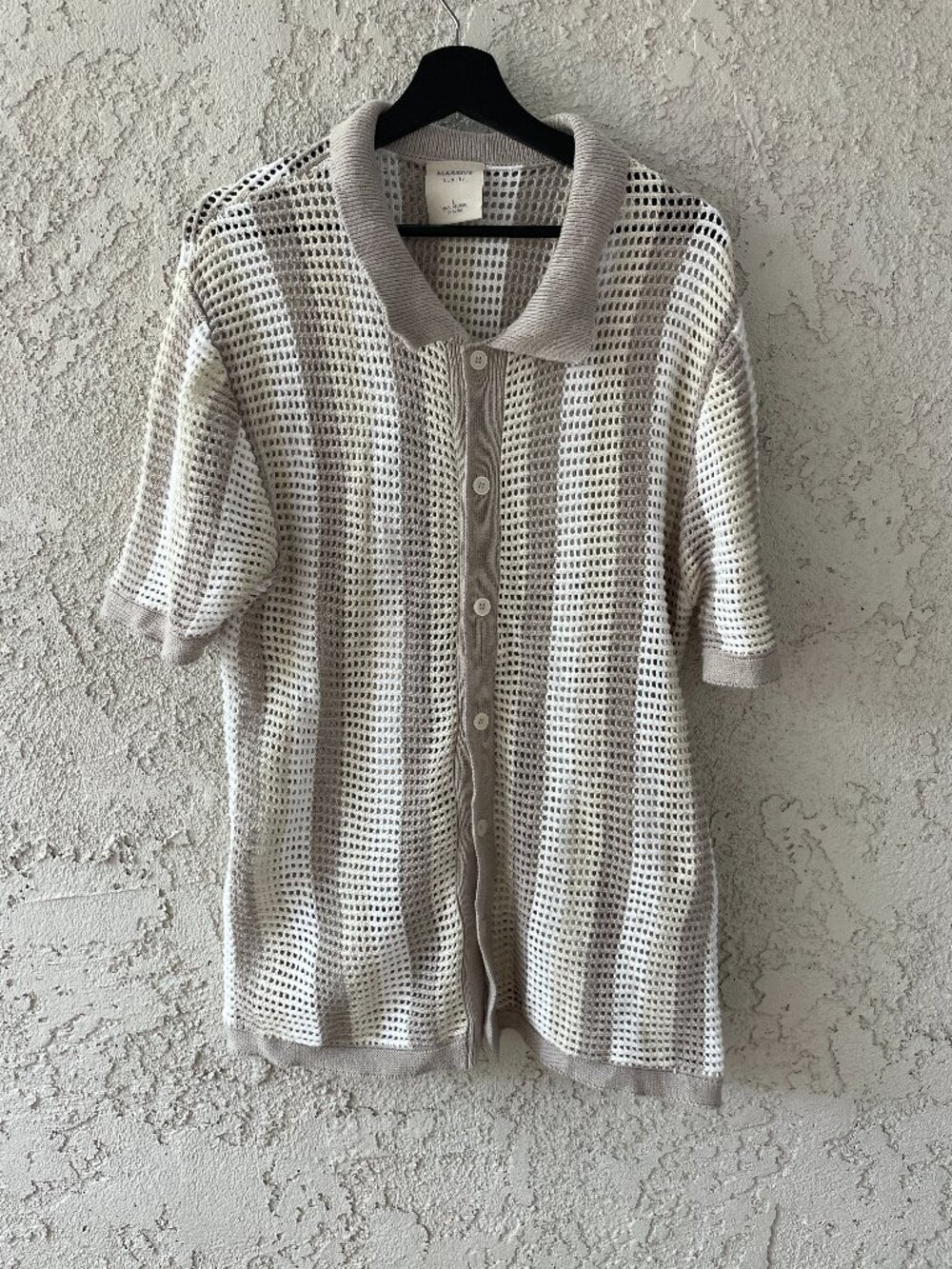 Massive Luxury Crochet Knit Polo Shirt L Tan Cream Striped Mesh Resort Boho